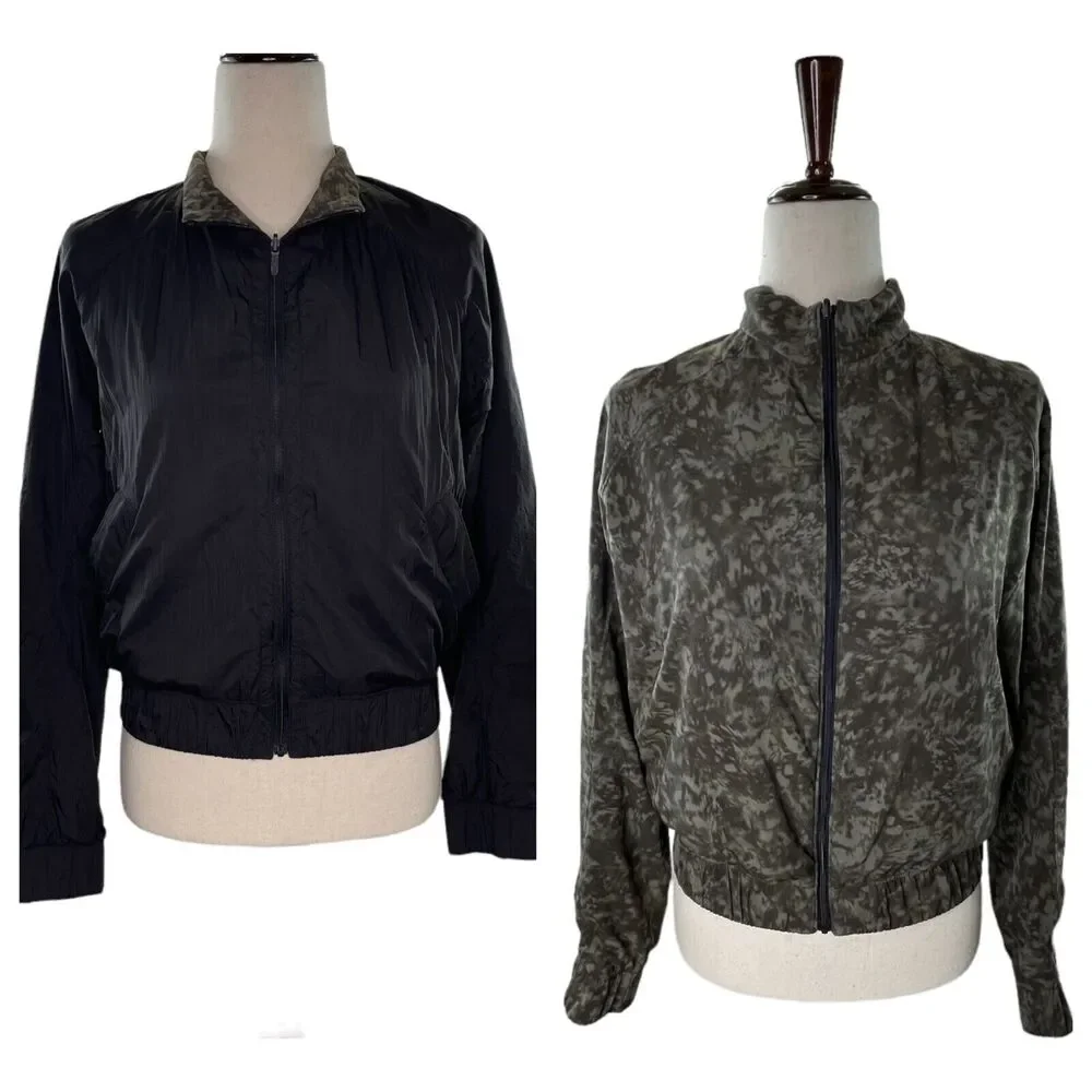 Lululemon Bombs Away Green Camo Black Reversible Windbreaker Sz 4 Bomber Jacket
